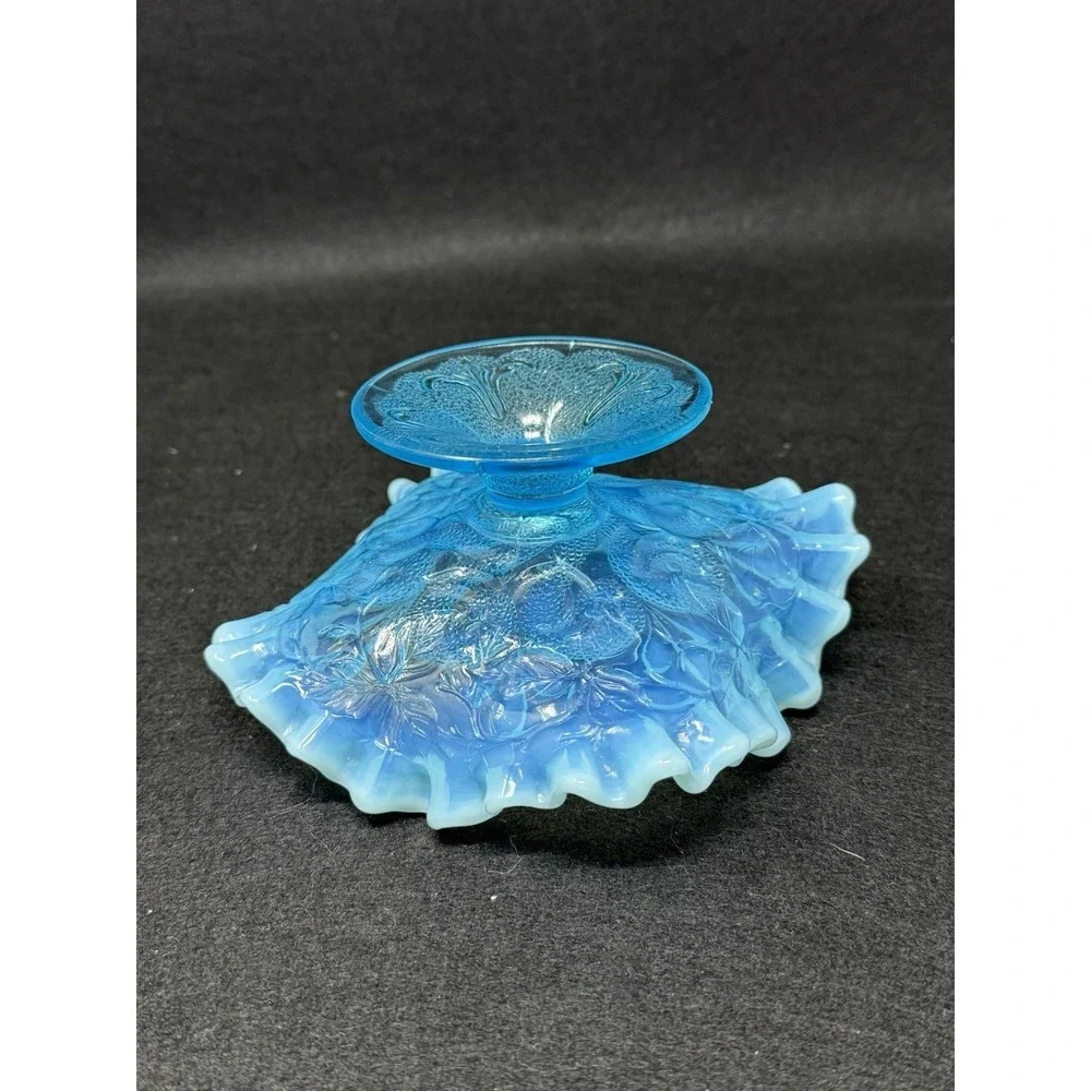 Dugan Blue Opalescent Question Marks Pedestal Bowl Carnival Glass Vintage